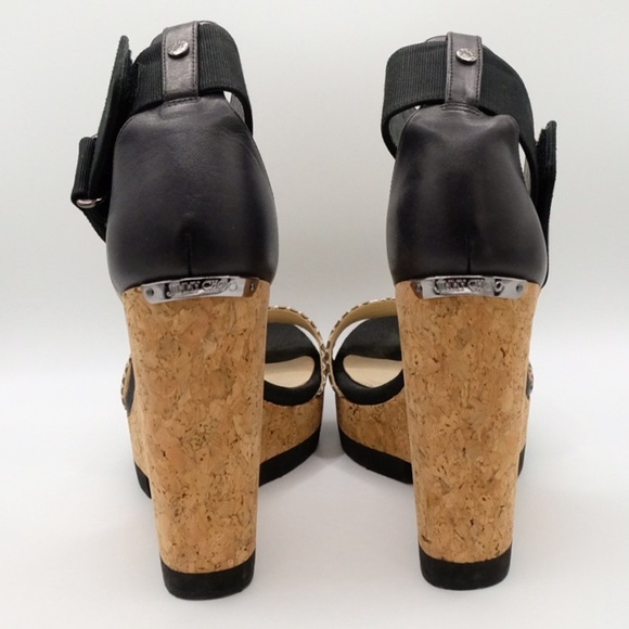 Jimmy Choo Neston Snake Cork Wedge Sandals 38.5 Black Snakeskin Leather - Picture 13 of 16